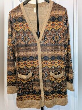 Grecerelle Boho Aztec Print Long Cardigan Sweater L Open Front Pockets